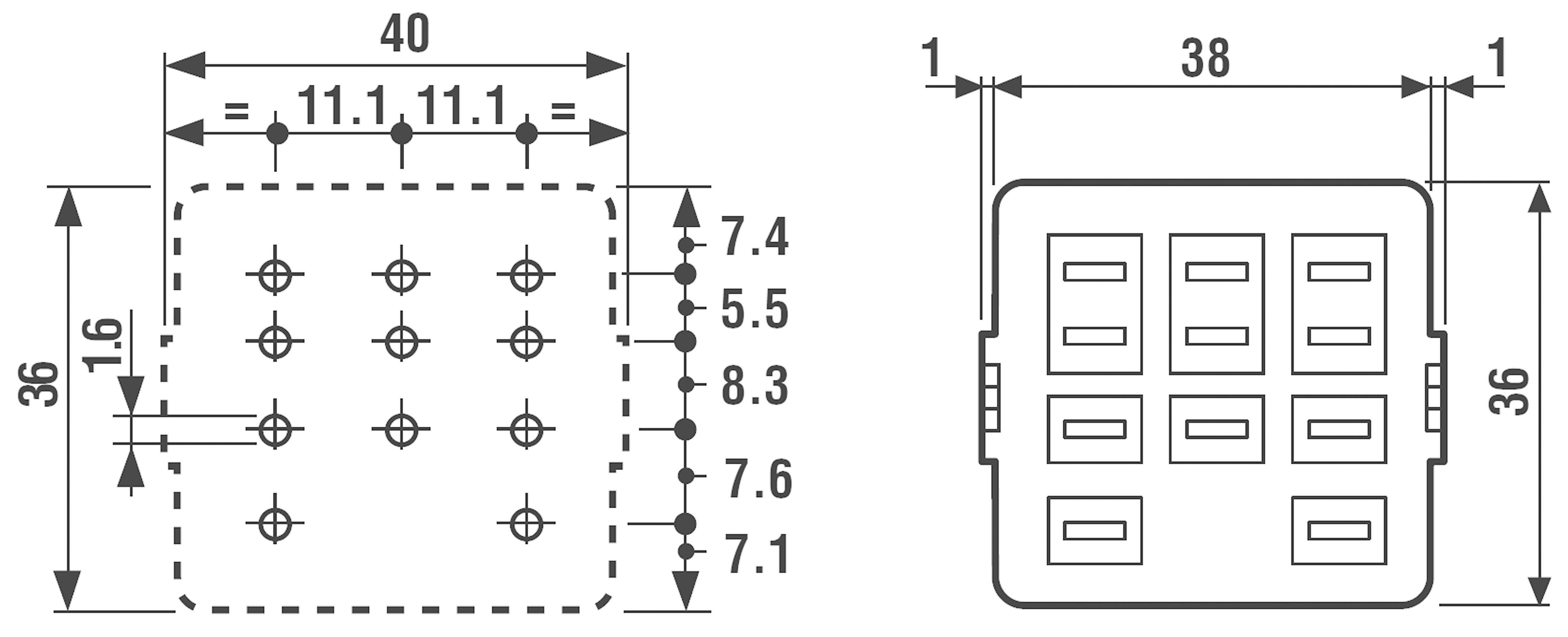 Rysunek techniczny wtyczki elektrycznej o wymiarach 40x36 mm. Przedstawia rozmieszczenie i wielkość styków wtykowych.