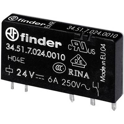 Przekaźnik Finder o numerze modelu 34.51.7.024.0010. Specyfikacje: 24V, 6A, 250V. Wyprodukowany w UE. Posiada logo certyfikacyjne.