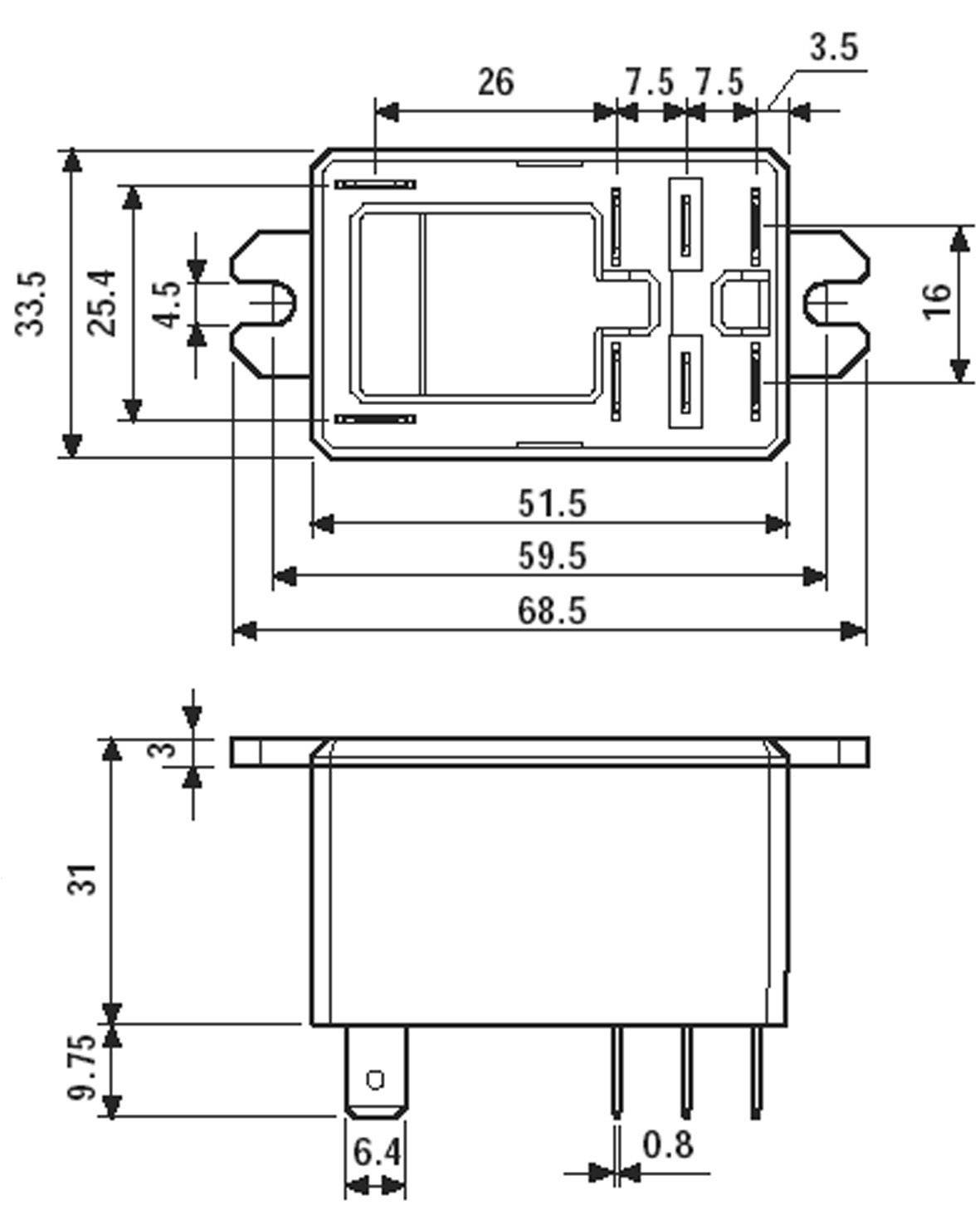 Rysunek techniczny elementu elektronicznego z wymiarami: wysokość 33,5 mm, szerokość 68,5 mm, głębokość 31 mm. Widok z przodu i z boku.