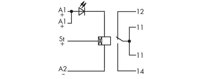 Schemat elektryczny przekaźnika z cewką i przełącznikiem przerzutowym. Po lewej: cewka z zaciskami A1, A2 oraz wskaźnikiem statusu St. Po prawej: styki przełączające 11, 12, 14.