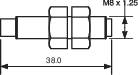 Rysunek techniczny złącza metalowego, widok z boku. Wymiary: długość 38,0 mm, średnica M8 x 1,25 mm.