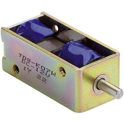 Elektromagnes z cylindryczną obudową i wysuwającym się tłokiem, w złotej metalicznej kolorystyce.