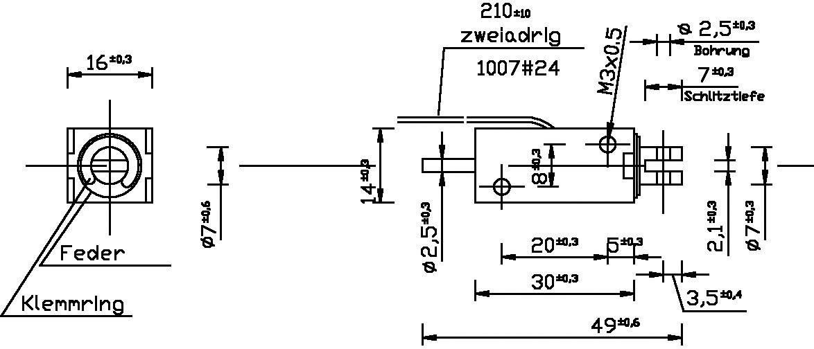 Rysunek techniczny części cylindrycznej z piórem, pierścieniem mocującym i otworami. Zawiera wymiary, odległości oraz wskazówki dotyczące bezpieczeństwa.