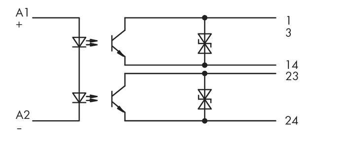 Schemat elektryczny z diodami i połączeniami między stykami: A1, A2, 1, 3, 14, 23, 24.