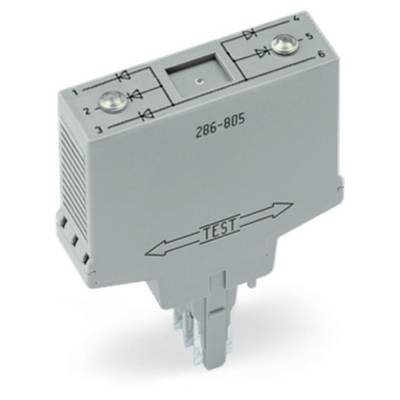 Szare elektyczne przekaźnik o numerze modelu 286-805 z przełącznikiem testowym, symetrycznie narysowane obwody na górze.