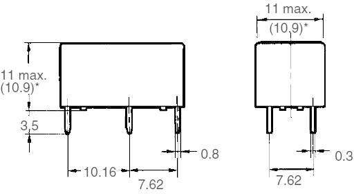 Rysunek techniczny elementu elektronicznego z wymiarami: szerokość 10,16 mm, wysokość 11 mm, głębokość 7,62 mm.