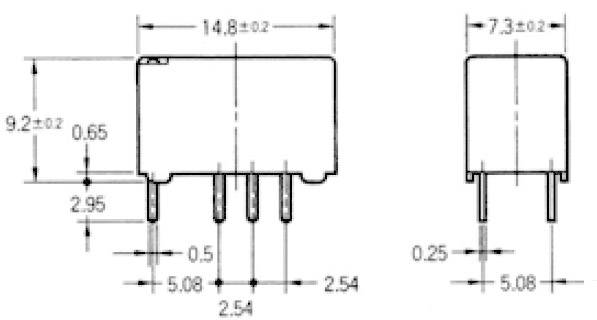 Rysunek techniczny dwóch prostokątnych elementów elektronicznych z wymiarami. Po lewej: 14,8 x 9,2 mm, po prawej: 7,3 x 5 mm.