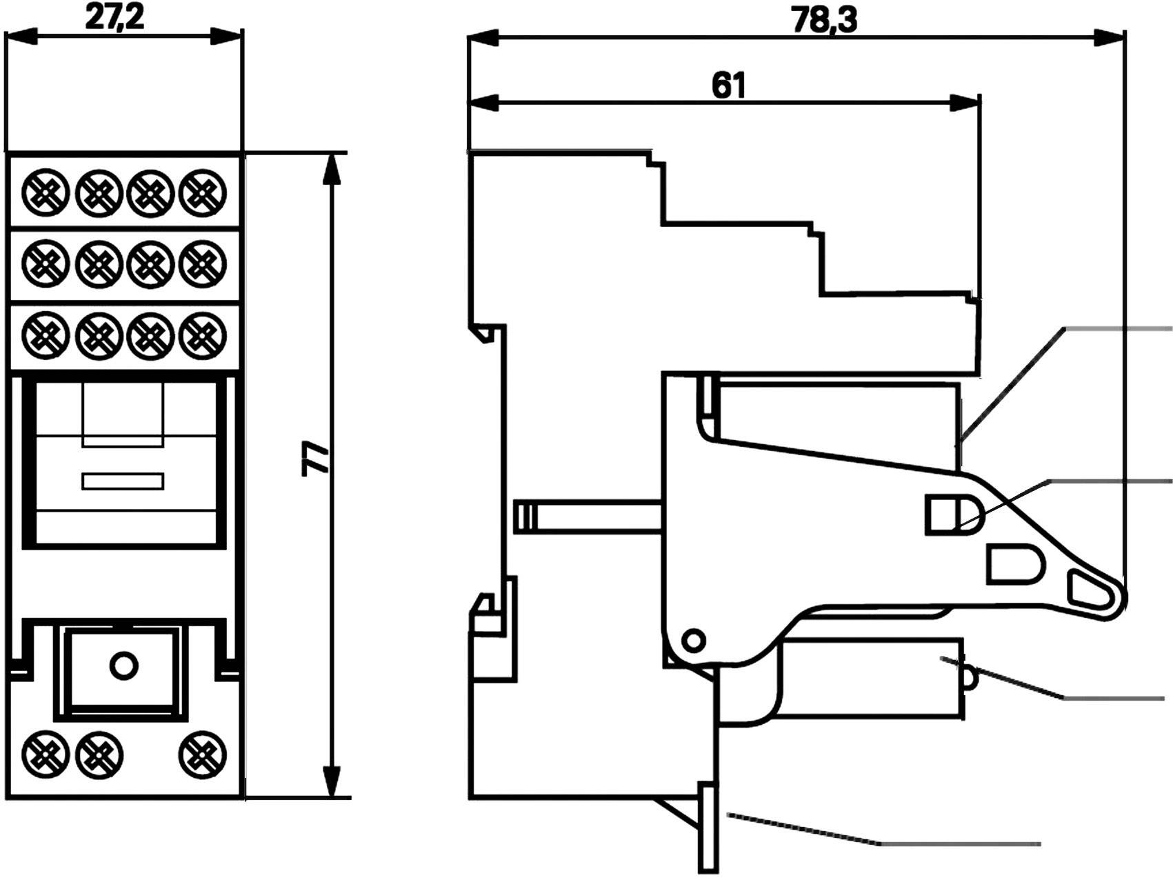 Rysunek techniczny elektrycznego przekaźnika o wymiarach: szerokość 27,2 mm, głębokość 61 mm, wysokość 78,3 mm. Przedstawia złącza i mechanizm dźwigniowy.