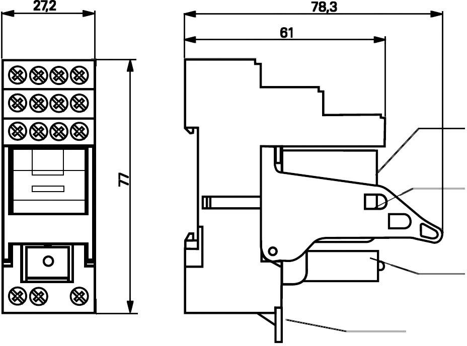 Rysunek techniczny elektrycznego przełącznika z wymiarami: wysokość 77 mm, szerokość 27,2 mm, głębokość 78,3 mm.