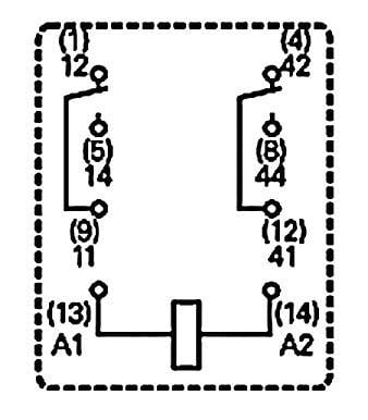 Diagram złącza elektrycznego z 14 ponumerowanymi pinami. Połączenia prezentują interakcje każdego pinu z innymi komponentami.