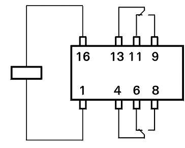 Schemat 16-pinowego zintegrowanego układu scalonego z podłączeniami do pinów 13, 11, 9 oraz 1, 4, 6, 8.