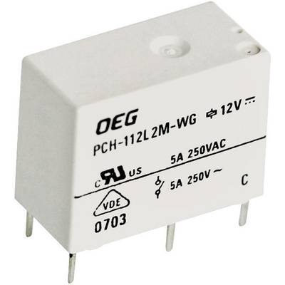 Białe elektromechaniczne przekaźniki OEG z napisem 'PCH-112L2M-WG 12V', specyfikowane na 5A 250VAC.