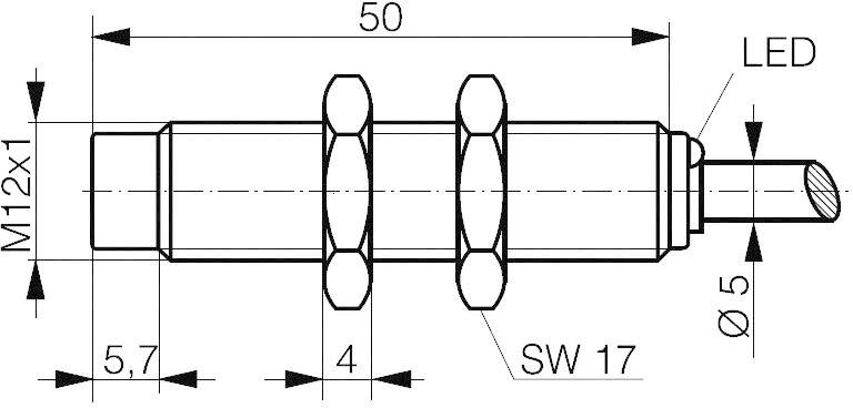 Rysunek techniczny cylindrycznego elementu z gwintem M12x1, sześciokątem SW 17, oznaczeniem LED, długości 50 mm, ø5 mm.