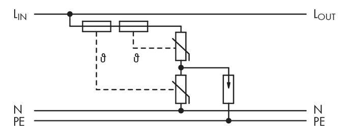 Schemat elektryczny obwodu z wieloma elementami połączeniowymi między przewodami L i N, w tym wyłącznikami i bezpiecznikami.