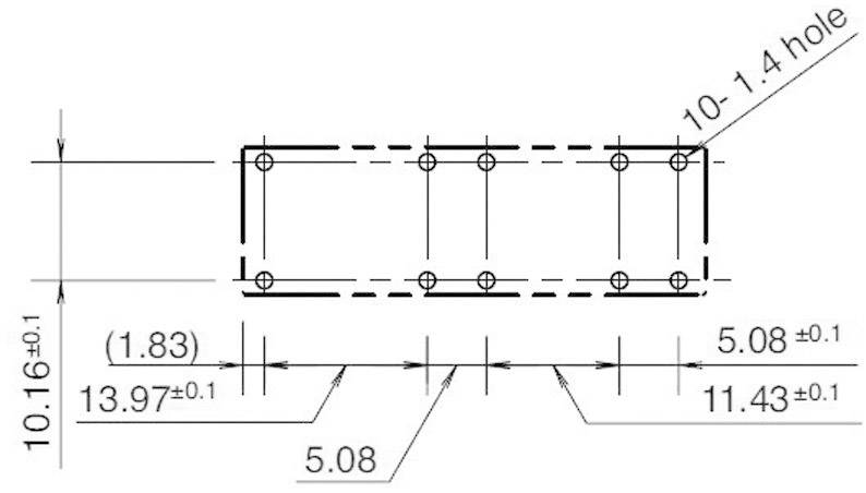 Rysunek techniczny prostokątnego elementu z wieloma otworami i precyzyjnymi wymiarami w milimetrach.