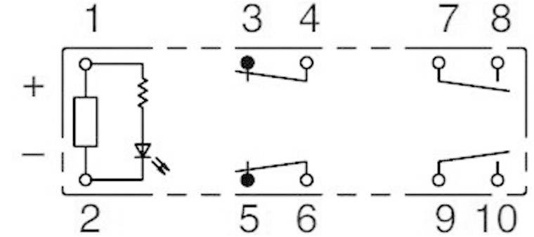 Elektryczny schemat połączeń przekaźnika z zaciskami cewki, rezystorem, diodą po lewej stronie i dwoma przełącznikami po prawej stronie.