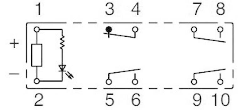 Schemat elektrycznego przekaźnika z cewką, rezystorem i diodami. Zaciski są ponumerowane od 1 do 10, pokazujące pozycje przełączników.