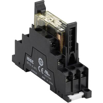 Elektryczne przekaźniki IDEC, model SF1V-4-07L, w kolorze czarnym, z przezroczystą obudową, prezentujące styki przełączające i zaciski przyłączeniowe.