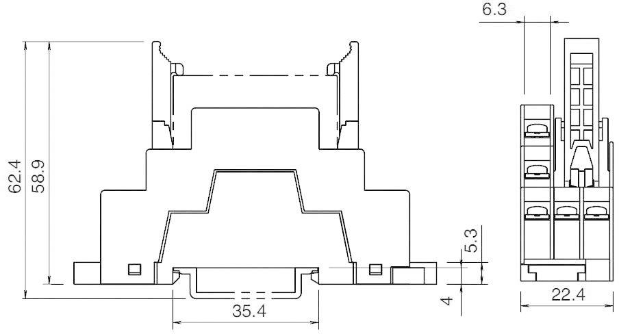 Rysunek techniczny elektrycznego złącza elektrycznego z wymiarami: wysokość 62,4 mm, szerokość 22,4 mm, głębokość 58,9 mm i 35,4 mm.