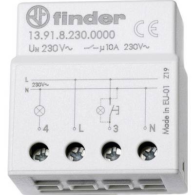 Przekaźnik elektryczny z napisem 'Finder', 230V, 10A, przedstawiający schemat podłączenia. Odpowiedni do napięcia w UE.