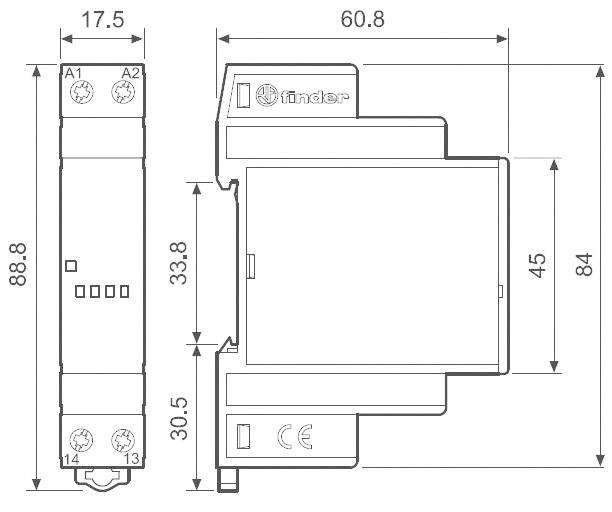 Rysunek techniczny elementu elektrycznego z wymiarami: szerokość 17,5 mm, wysokość 88,8 mm, głębokość 60,8 mm.