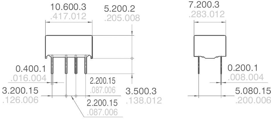 Rysunek wymiarowy elementów elektronicznych ze szczegółowymi wymiarami w milimetrach. Dwa elementy o różnych rozmiarach i wyprowadzeniach.