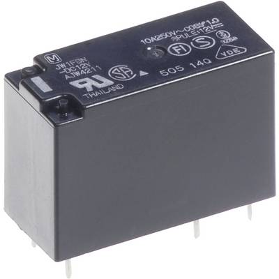 Czarny przekaźnik prostokątny z wieloma stykami. Napis: '10A 250V', 'CQC', 'VDE' oraz szczegóły produkcyjne.