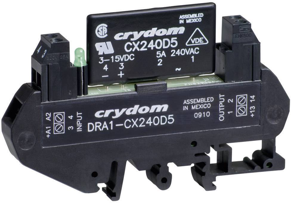 Elektroniczne przekaźnik firmy Crydom, model CX240D5, z napięciem wejściowym 3-15V DC i napięciem wyjściowym 240VAC, zamontowany na podstawie.