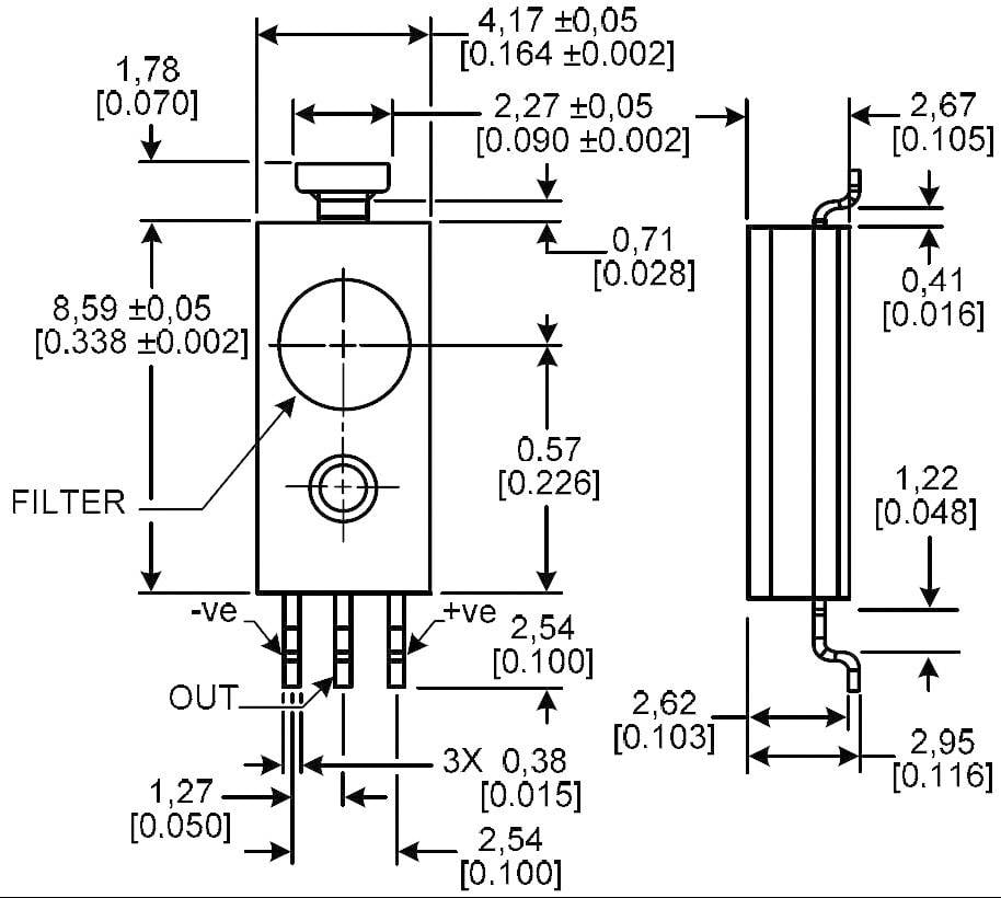 Rysunek techniczny elementu elektrycznego z wymiarami w calach i milimetrach, przedstawiający filtr, złącza (-ve, OUT) oraz wielkość obudowy.