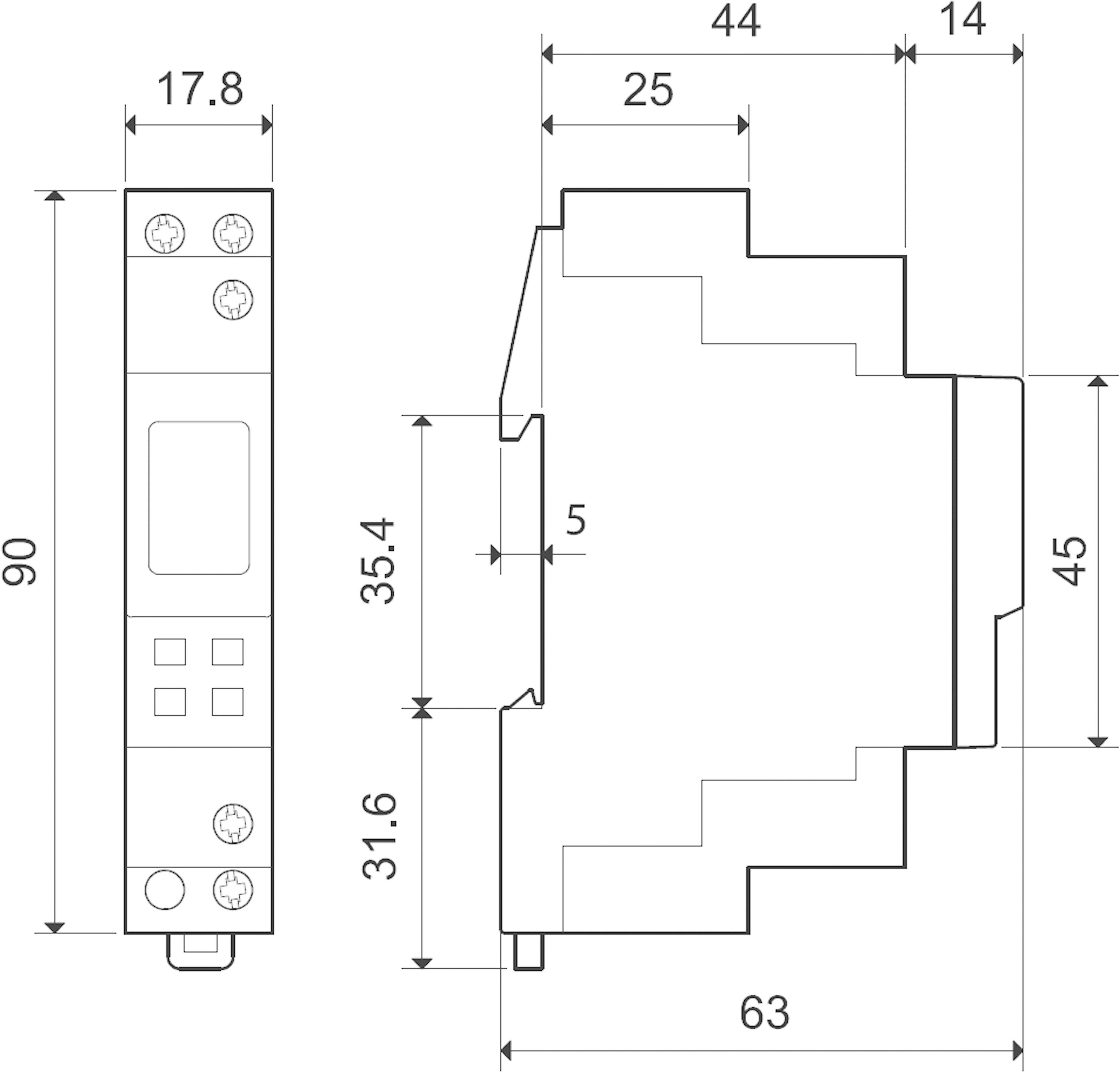 Rysunek techniczny elementu elektrycznego z wymiarami: wysokość 90 mm, szerokość 17,8 mm, głębokość 63 mm.