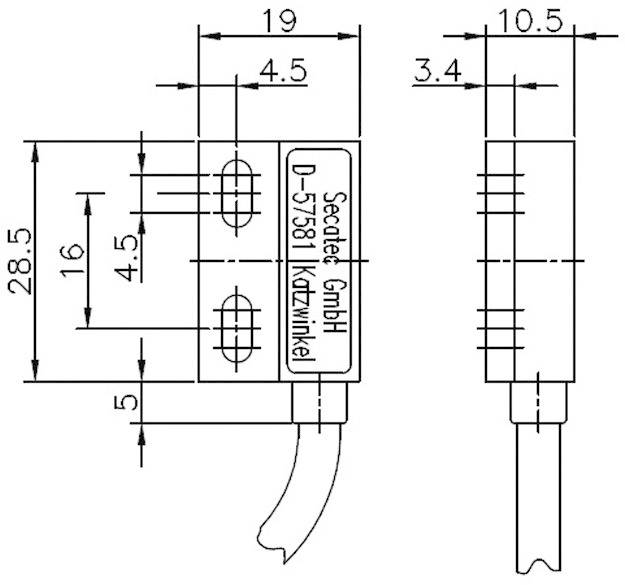 Rysunek techniczny prostokątnego magnesu o wymiarach: 28,5 mm wysokości, 19 mm szerokości, średnica przewodu 4,5 mm. Producent: Secatec GmbH.