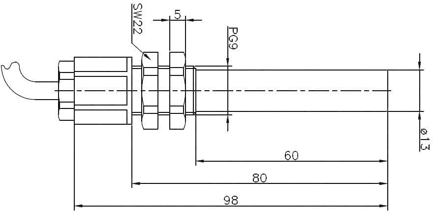 Rysunek techniczny głowicy cylindra z dokładnymi wymiarami w milimetrach: długość całkowita 98 mm, średnica 13 mm.