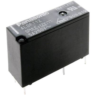 Przekaźnik Panasonic 'ALDP112' z pięcioma pinami, cewka 12V. Czarna, prostokątna część elektroniczna z nadrukowanymi specyfikacjami technicznymi.