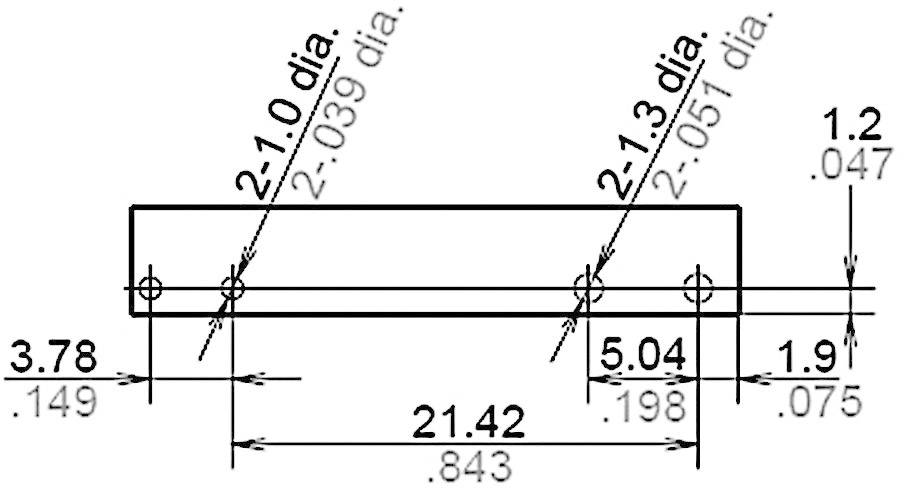 Rysunek techniczny elementu metalowego z wymiarami: szerokość 21,42 cm, otwory o średnicy 2,1 cm. Dodatkowe wymiary i średnice podane.