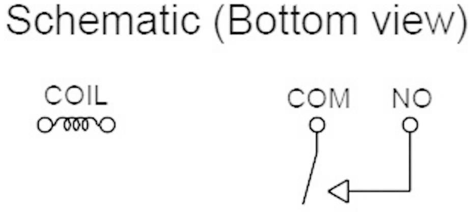 Schemat elektryczny (widok od spodu) z cewką i oznaczeniami styków: 'CEWKA', 'COM', oraz 'NO'.