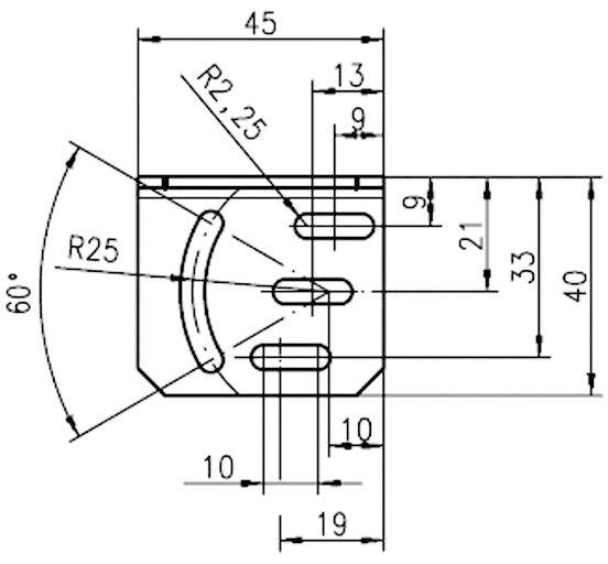 Rysunek techniczny elementu mechanicznego z wymiarowaniem w milimetrach. Kąt 60°, promienie 25 i 2,25 mm, różne oznaczenia długości.