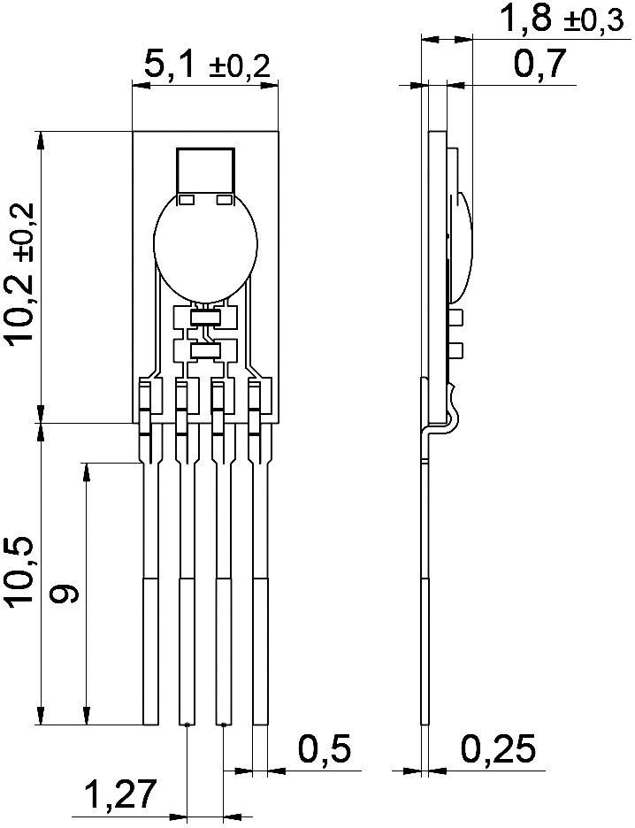 Rysunek techniczny elementu elektronicznego z wymiarami: długość 10,2 mm, szerokość 5,1 mm, wysokość 1,8 mm; cztery piny od spodu.