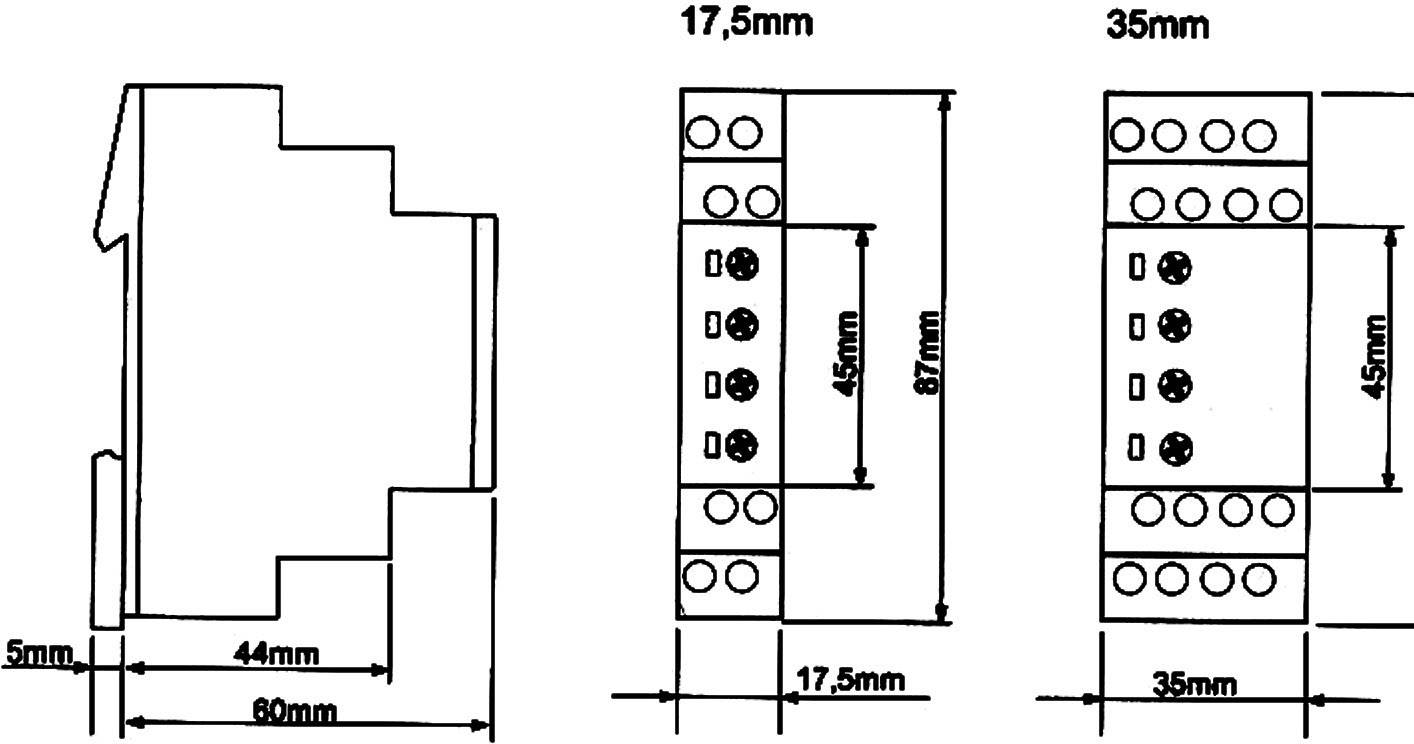 Szkic elementów elektrycznych z wymiarami: po lewej 60x44x5 mm, w środku 87x17,5x45 mm, po prawej 87x35x45 mm. Elementy umieszczone obok siebie.