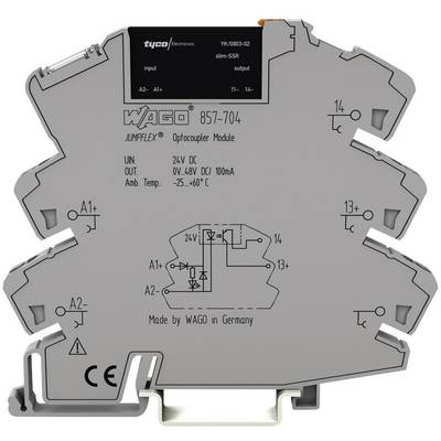 Moduł optoizolatora WAGO, model 857-704. Napięcie 24V DC, zakres temperatury od -25 do 60°C. Wyprodukowany w Niemczech.
