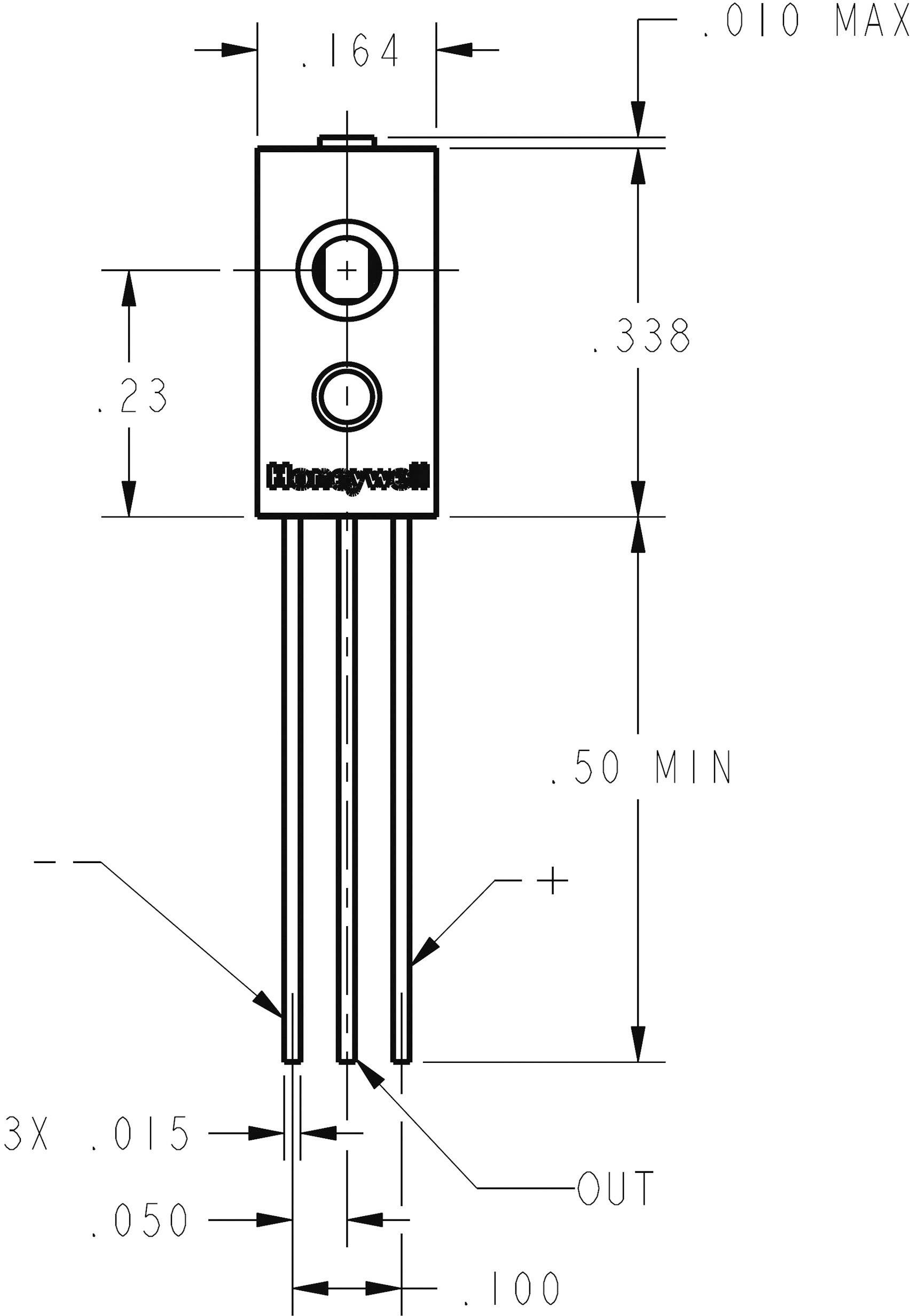 Szkic schematu elektrycznego trzybiegunowego elementu elektronicznego z wymiarami w calach, oznaczony napisem 'Honeywell' oraz '+'/'-'.