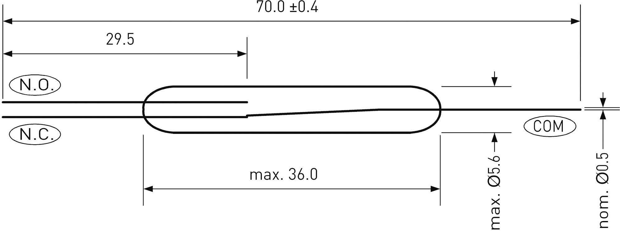 Rysunek techniczny cylindrycznego przełącznika z wymiarami: długość 70,0 ±0,4 mm, średnica maks. Ø5,6. Zaciski: NO., NC., COM.