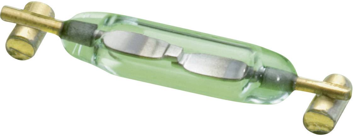 Małe metalowe płytki umieszczone w szklanej ampułce, otoczone dwoma metalowymi nasadkami, tworzą przełącznik typu reed.