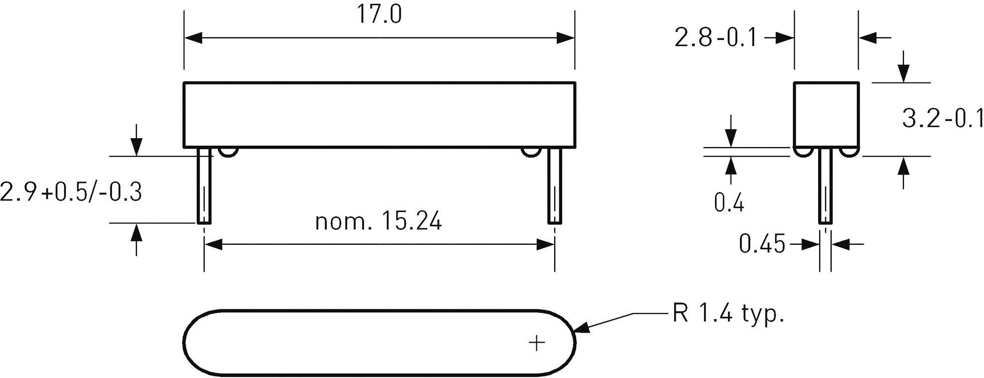Techniczny rysunek elementu elektronicznego z wymiarami w milimetrach, w tym długość, szerokość i promień zaokrągleń.