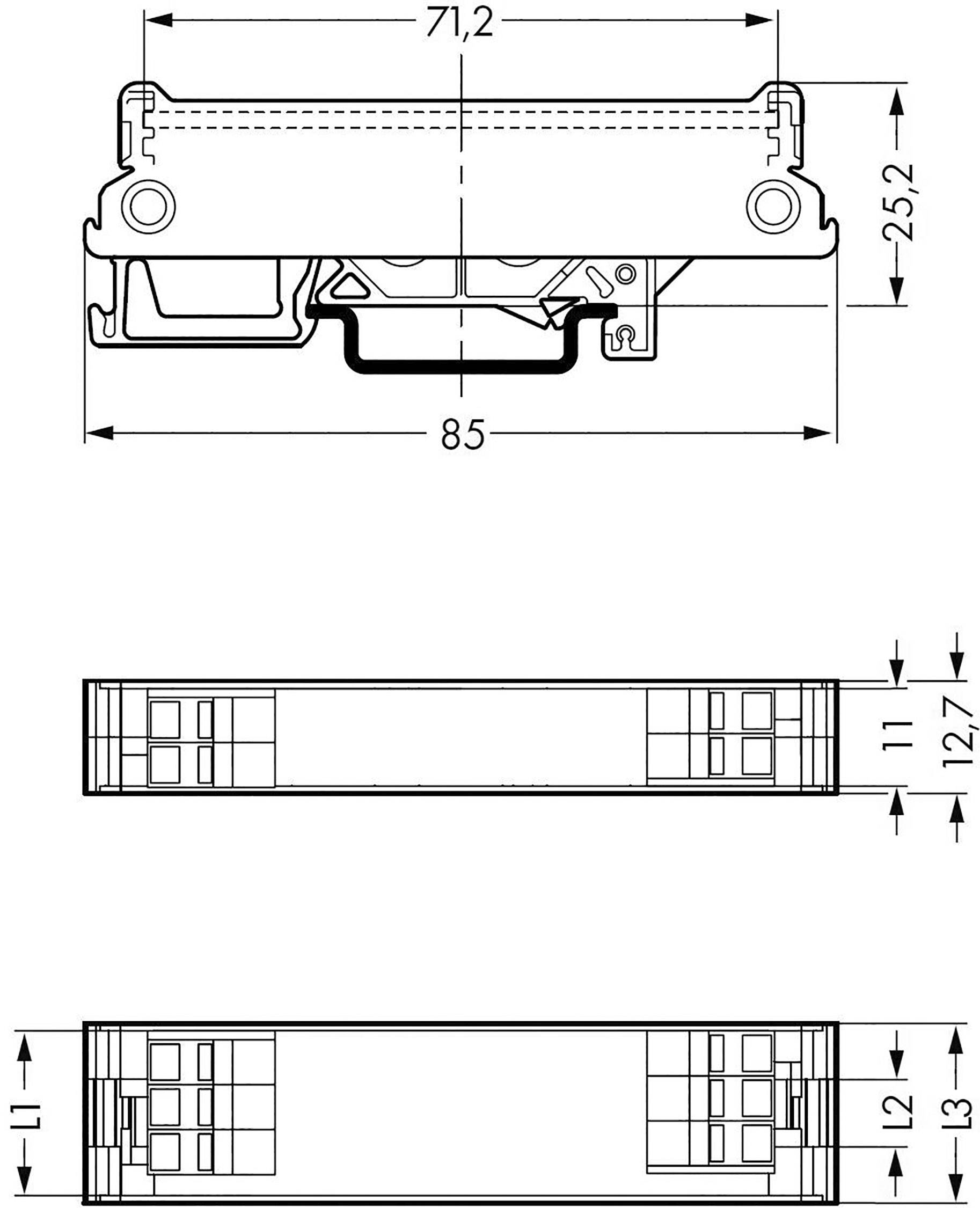 Rysunek techniczny elementu elektrycznego z wymiarami: szerokość 85 mm, wysokość 25,2 mm, głębokość 71,2 mm. Widok z boku przedstawia szczegółowe pomiary.