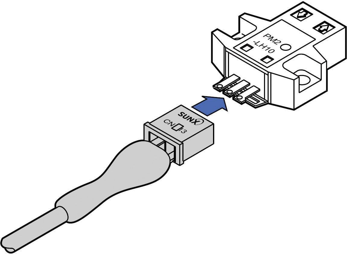 Ilustracja złącza podłączanego do modułu elektronicznego. Strzałka wskazuje kierunek podłączenia.