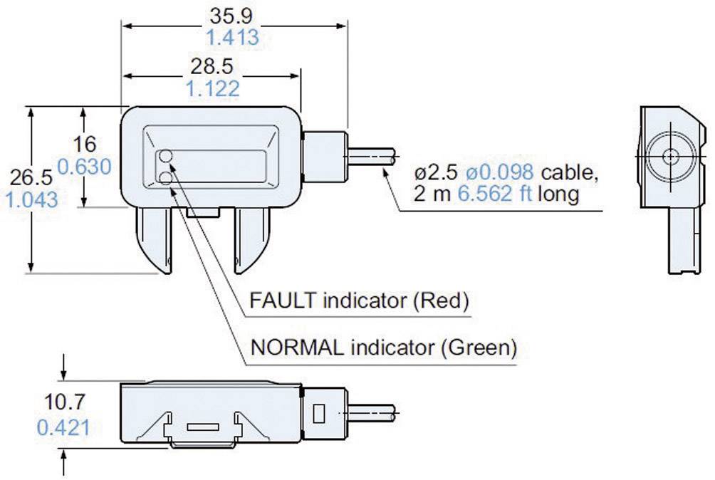 Rysunek techniczny elementu elektrycznego z wymiarami w calach i milimetrach. Dwa wskaźniki statusu: 'FAULT' (Czerwony), 'NORMAL' (Zielony).