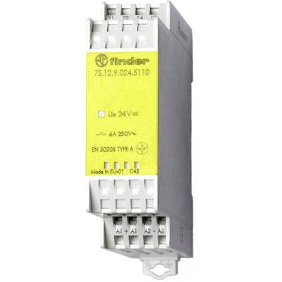 Przekaźnik z żółtą etykietą przedstawia specyfikacje techniczne: 'U<sub>b</sub> 24V~', '6A 250V~', 'EN 50205 TYPE A'. Zaciski u góry i na dole.