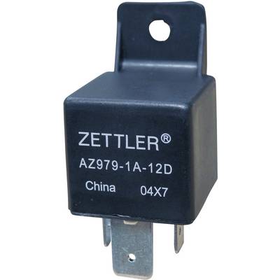 Na czarnym elektrycznym elemencie przekaźnikowym z metalowymi stykami widnieje napis: 'ZETTLER AZ979-1A-12D Chiny 04X7'