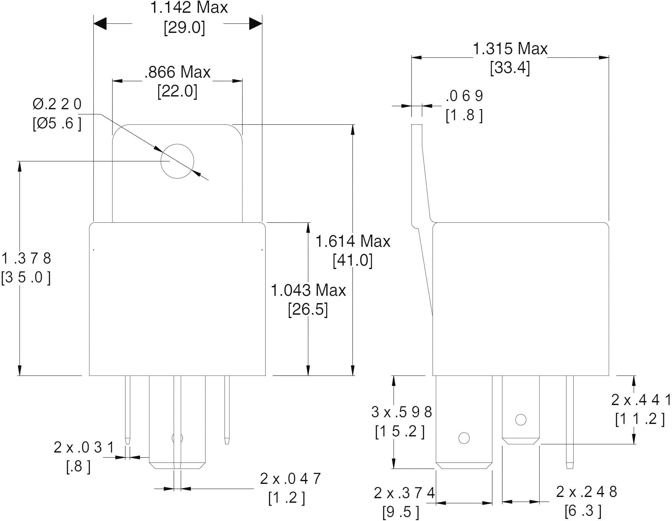Rysunek techniczny złącza elektrycznego z wymiarami w milimetrach i calach. Przedstawia widoki oraz parametry dotyczące wysokości, szerokości i średnicy otworów.