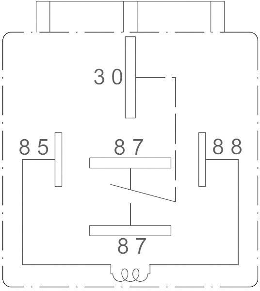Schemat elektryczny przekaźnika: przedstawia zaciski 30, 85, 86, 87 i 87A. Przekaźnik jest aktywowany przez zamknięcie obwodu między zaciskami 85 i 86.
